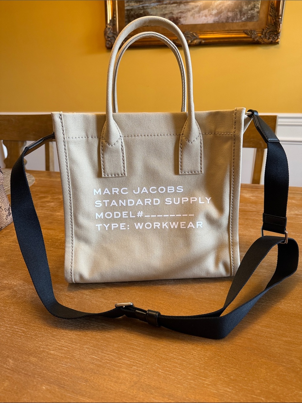 Marc Jacobs Beige Canvas Messenger Tote with Black Strap